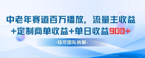中老年赛道百万播放+流量主收益+定制收益，单日收益9张-聊项目