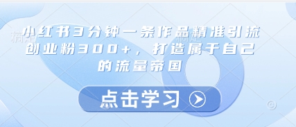 小红书3分钟一条作品精准引流创业粉300+，打造属于自己的流量帝国-聊项目