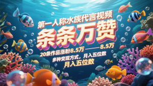 第一人称水族代言视频,条条万赞,20条作品涨粉8.5万,多种变现方式月,入五位数-聊项目