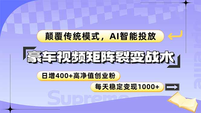 豪车视频矩阵裂变战术，颠覆传统模式，AI智能投放，日增400+高净值创业…-聊项目
