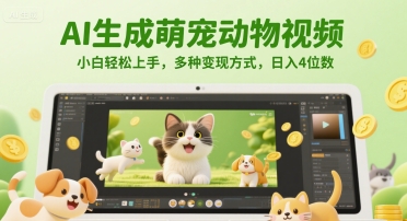 AI生成萌宠动物视频，小白轻松上手，多种变现方式，日入4位数-聊项目