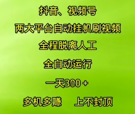 抖音视频号两大平台自动运行，全程脱离人工，自动获取收益，一天3张+，多机多挣，上不封顶【揭秘】-聊项目