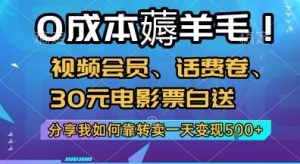 0成本薅羊毛!视频会员、话费卷、30元电影票白送，分享我如何靠转卖一天变现5张+【揭秘】-聊项目
