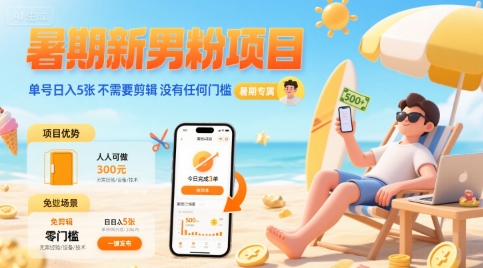 暑期新男粉项目 单号日入5张 不需要剪辑 没有任何门槛-聊项目