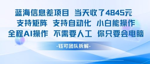 蓝海信息差项目当天收米1k+ 支持矩阵支持自动化小白能操作全程AI操作不需要人工你只要会电脑-聊项目