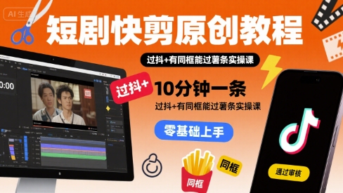 短剧快剪原创教程，10分钟一条，过抖+有同框能过薯条实操课-聊项目