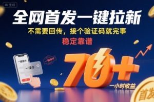 全网首发一键拉新项目，不需要回传，接个验证码就完事，稳定靠谱，一小时收益70+【揭秘】-聊项目