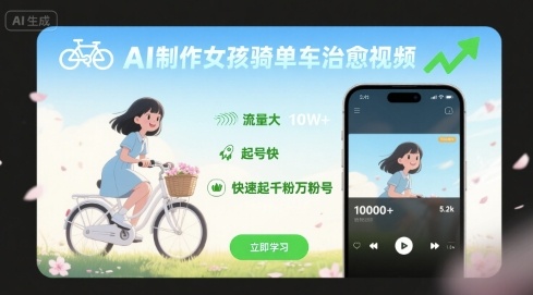 AI制作女孩骑单车治愈视频，流量大，起号快，快速起千粉万粉号-聊项目