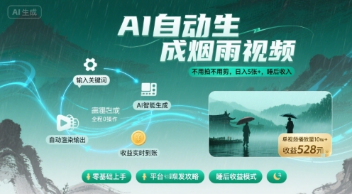 不用拍不用剪！AI自动生成烟雨视频，日入5张+，睡后收入-聊项目
