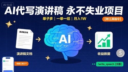 AI代写演讲稿，永不失业项目，单子多，一单一结，月入1W【附工具指令】-聊项目