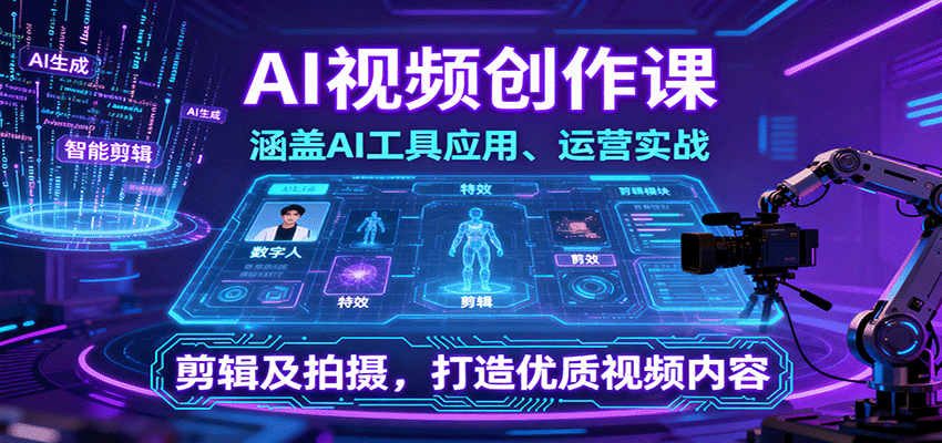 AI视频创作课，涵盖AI工具应用、运营实战、剪辑及拍摄，打造优质视频内容-聊项目