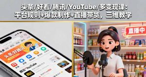 头条/好看/腾讯/YouTube/多变现课:平台规则+爆款制作+直播带货,三维教学-聊项目