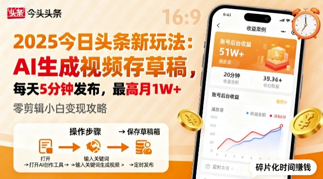 2025年今日头条躺賺新玩法，AI生成视频存草稿，每天5分钟发布，最高月1W+【揭秘】-聊项目