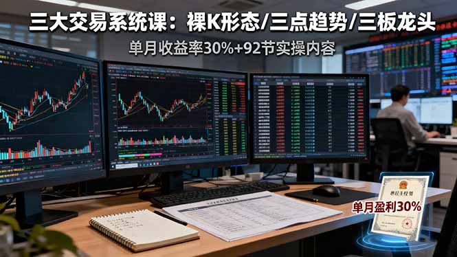 三大交易系统课：裸K形态/三点趋势/三板体系，单月收益率30%+92节实操内容-聊项目