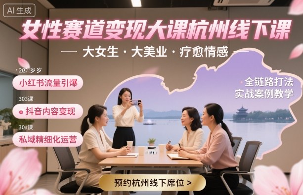 女性赛道变现大课杭州线下，大女生，大美业，疗愈情感，一套小红书、抖音、私域全链路打法-聊项目