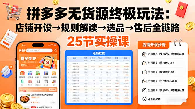 拼多多无货源终极玩法：店铺开设→规则解读→选品→售后全链路,25节实操课-聊项目
