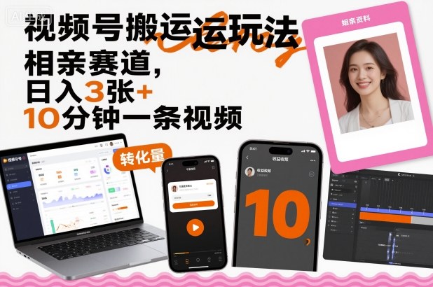 视频号搬运玩法，相亲赛道，日入3张+，10分钟一条视频-聊项目