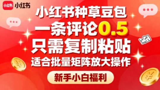 小红书种草豆包，一条评论0.5，只需复制粘贴，适合批量矩阵放大操作，新手小白福利-聊项目
