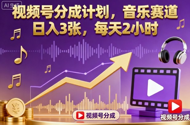 视频号分成计划，音乐赛道，日入3张，每天2小时-聊项目