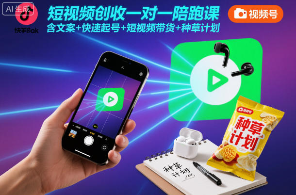 短视频创收一对一陪跑课，含文案+快速起号+短视频带货+种草计划-聊项目