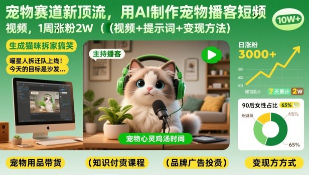 宠物赛道新顶流，用AI制作宠物播客短视频，1周涨粉2W(视频+提示词+变现方法)-聊项目