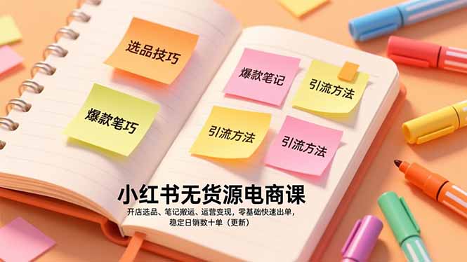 小红书无货源电商课，开店选品、笔记搬运、运营变现，零基础快速出单，稳定日销数十单(更新-聊项目