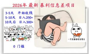 2026年最新暴利信息差项目：3-5天开始收米，10天后稳定3张，0门槛，每天两三个小时搞定-聊项目