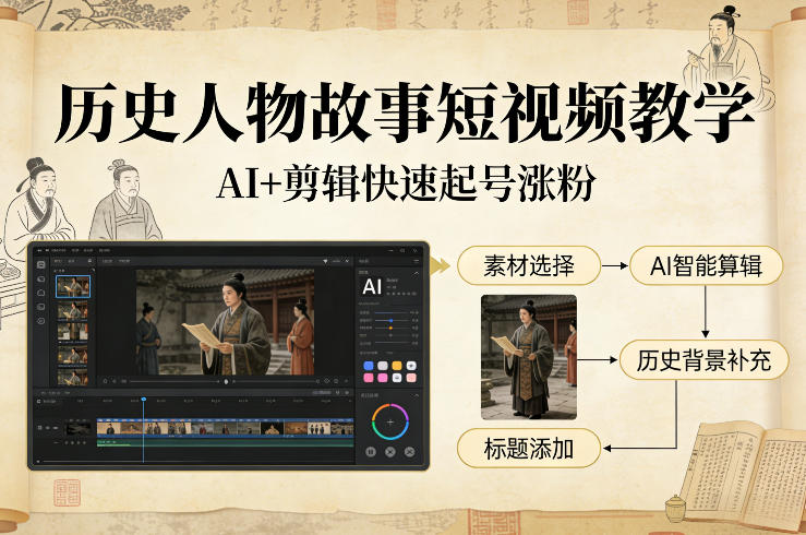 历史人物故事短视频教学，AI+剪辑制作历史人物题材短视频，快速起号涨粉-聊项目