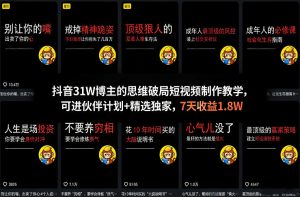 抖音31W博主的思维破局短视频制作教学，可进伙伴计划+精选独家，7天收益1.8W-聊项目