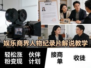 娱乐商界人物纪录片解说教学，轻松涨粉变现，伙伴计划，接商单，收徒等-聊项目