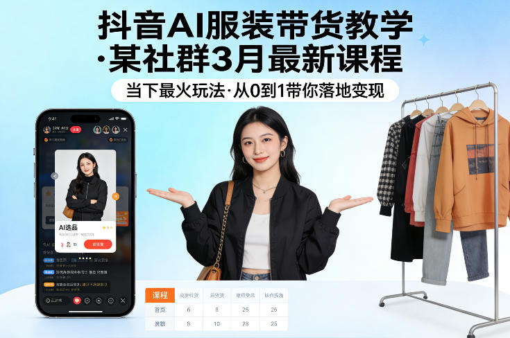 抖音AI服装带货教学，某社群3月最新课程，当下最火玩法，从0到1带你落地变现-聊项目