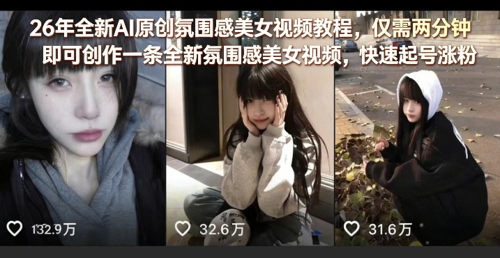 26年全新AI原创氛围感美女视频教程，仅需两分钟即可创作一条全新氛围感美女视频，快速起号涨粉-聊项目