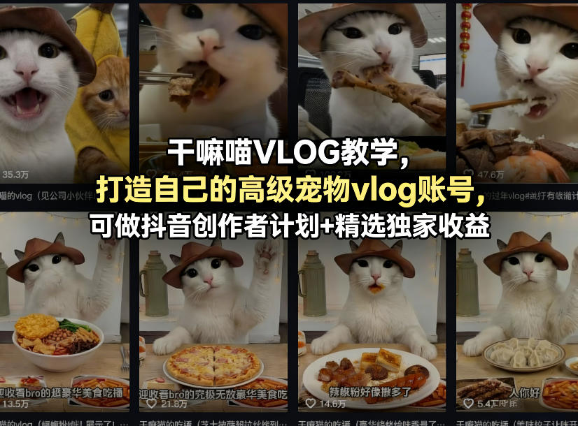 干嘛喵VLOG教学，打造自己的高级宠物vlog账号，可做抖音创作者计划+精选独家收益-聊项目