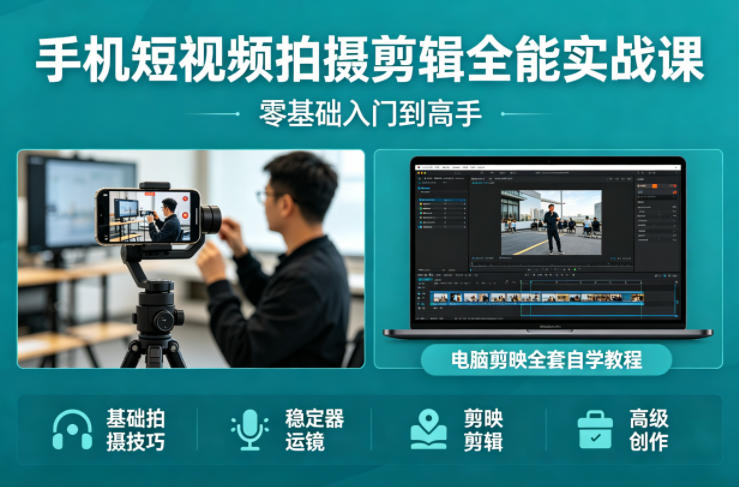 手机短视频拍摄剪辑全能实战课：零基础入门到高手，稳定器运镜+电脑剪映全套自学教程-聊项目