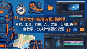 探险类抖音精选视频教程：素材、工具、剪辑、AI、文案、后期处理全教学，分成计划轻松变现-聊项目