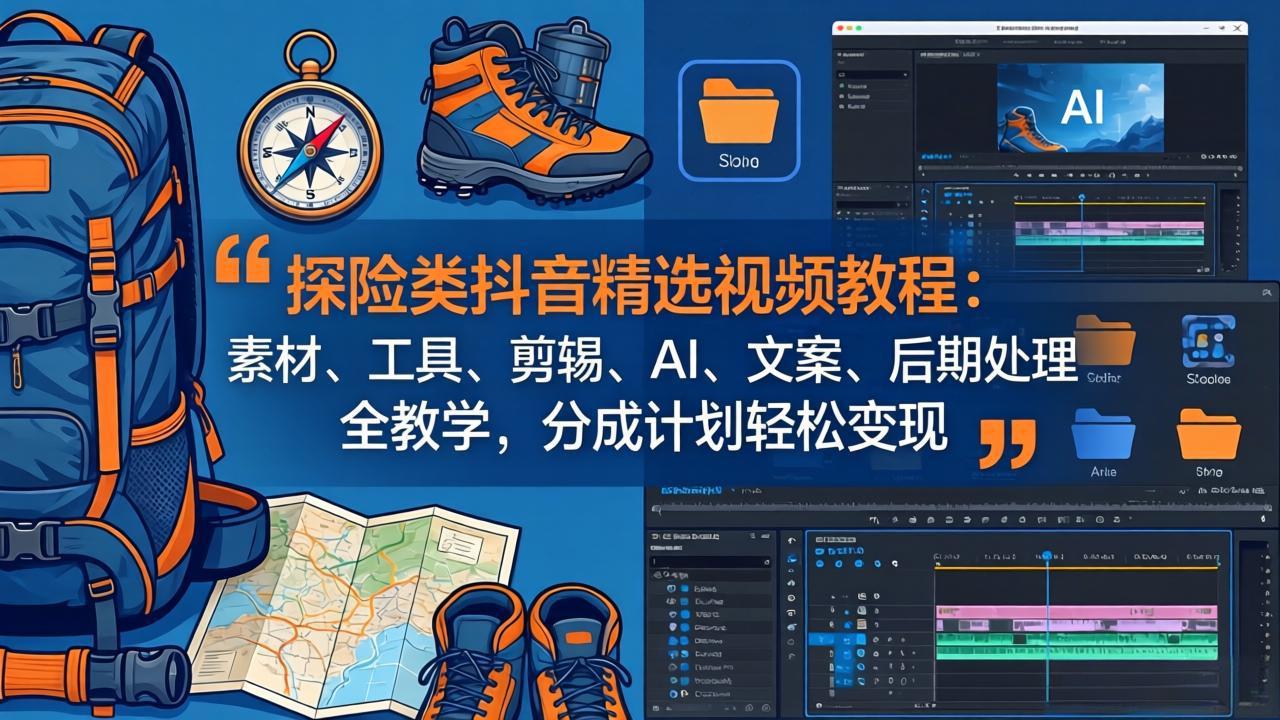探险类抖音精选视频教程：素材、工具、剪辑、AI、文案、后期处理全教学，分成计划轻松变现-聊项目
