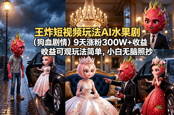 王炸短视频玩法AI水果剧(狗血剧情)9天涨粉300W+收益可观玩法简单，小白无脑照抄，详细拆解玩法-聊项目