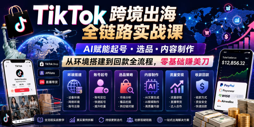 TikTok跨境出海全链路实战课，AI赋能起号・选品・内容制作，从环境搭建到回款全流程，零基础賺美刀-聊项目