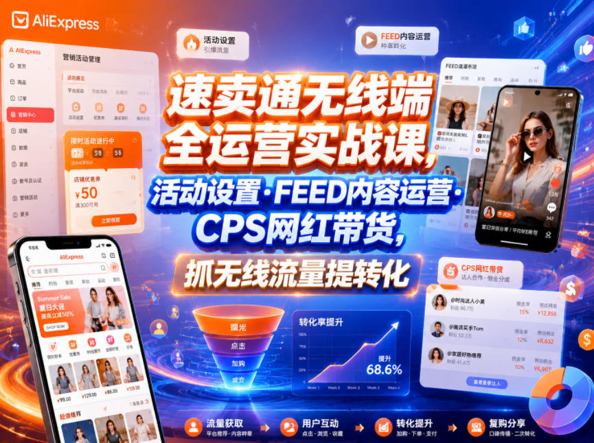 速卖通无线端全运营实战课，活动设置・FEED内容运营・CPS网红带货，抓无线流量提转化-聊项目