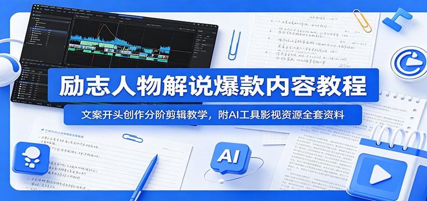 励志人物解说爆款内容教程：文案开头创作分阶剪辑教学，附AI 工具影视资源全套资料-聊项目