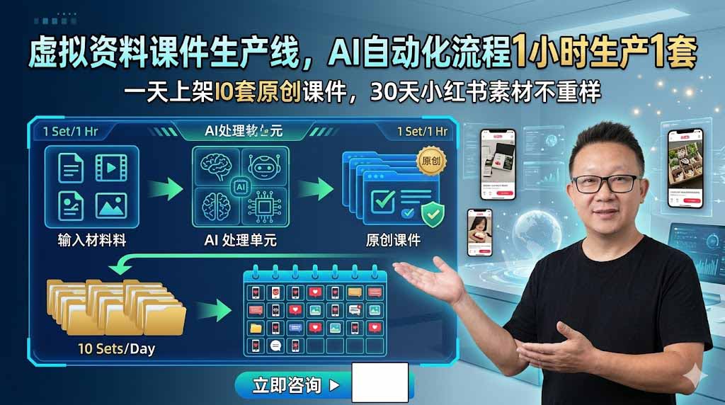 虚拟资料课件生产线，AI自动化流程1小时生产1套，一天上架10套原创课件，30天小红书素材不重样-聊项目