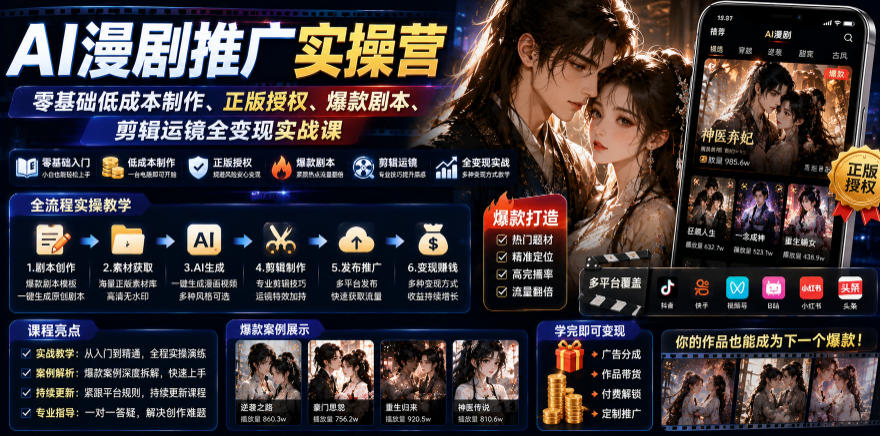AI漫剧推广实操营｜零基础低成本制作、正版授权、爆款剧本、剪辑运镜全变现实战课-聊项目