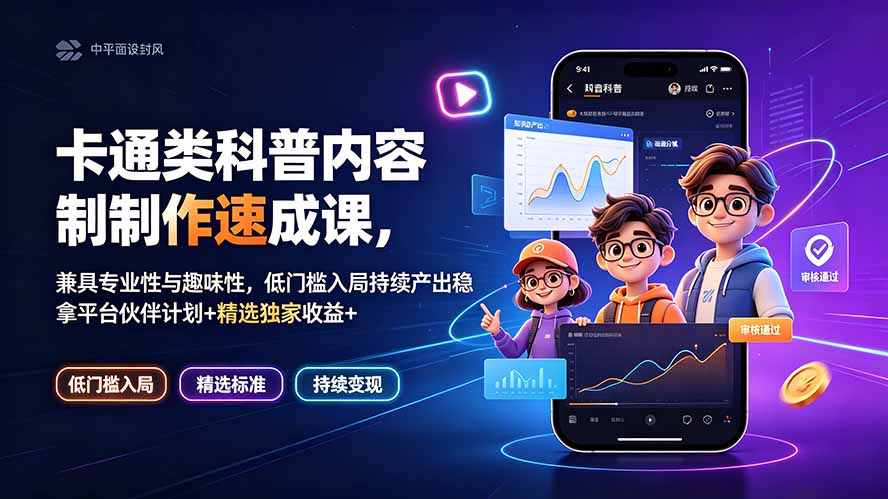卡通类科普内容制作速成课，兼具专业性与趣味性，低门槛入局持续产出稳拿平台伙伴计划+精选独家收益-聊项目