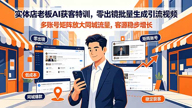 实体店老板AI获客特训，零出镜批量生成引流视频，多账号矩阵放大同城流量，客源稳步增长-聊项目