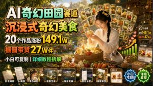 AI奇幻田园赛道,沉浸式奇幻美食,20个作品涨粉149.1W,橱窗带货27W件,小白可复制,详细教程拆解-聊项目