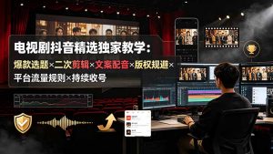 电视剧抖音精选独家教学:爆款选题×二次剪辑×文案配音×版权规避×平台流量规则×持续收益账号-聊项目