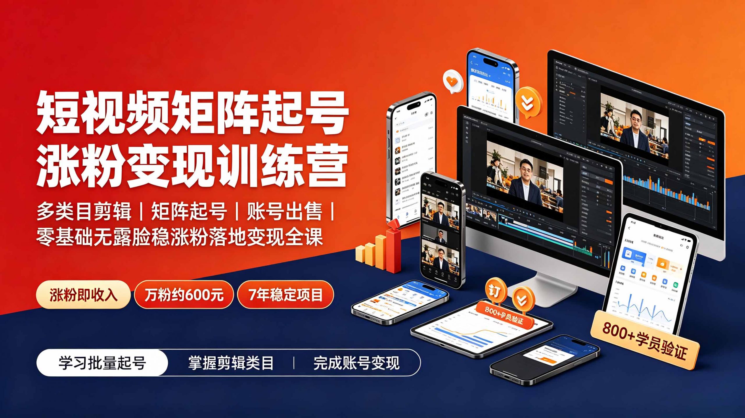 短视频矩阵起号涨粉变现训练营|多类目剪辑·矩阵起号·账号出售,0基础无露脸稳涨粉落地变现全课-更新-聊项目